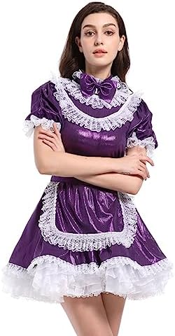 JOLINE Shiny Metallic Satin Bow Maidservant Sissy French Maid Dress Costume Crossdress Nightwear
