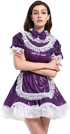 JOLINE Shiny Metallic Satin Bow Maidservant Sissy French Maid Dress Costume Crossdress Nightwear