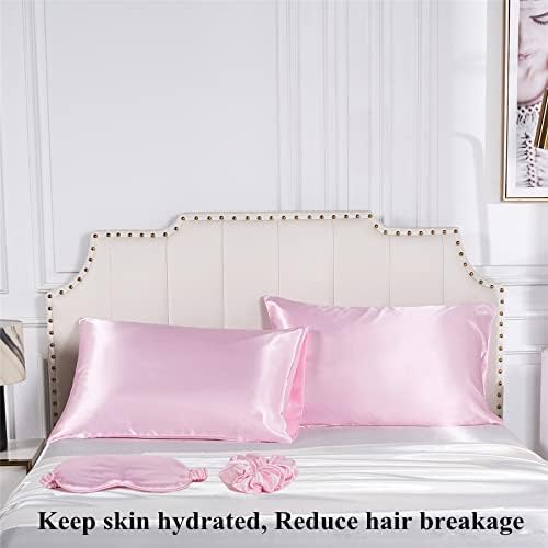 Satin Pillowcase for Hair and Skin, Vegan Silk Pillowcase Set-2 Pink Satin Pillowcases, 1 Eye Mask, 1 Scrunchie-Luxury Sleep Set, Silky Standard Satin Pillow Cases with Envelope Closure
