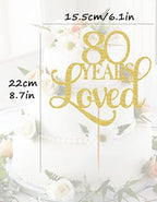 80 Years Loved Cake Topper - Gold Glitter 80th Birthday Cake Decorating Supplies, Perfect for Wedding, Anniversary or Birthday Party Decorations, Photo Booth Props