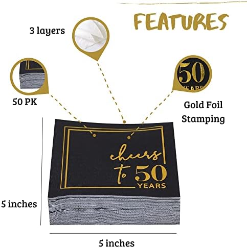 Cheers to Years Cocktail Napkins - 50 PK - 3-Ply Birthday Napkins 5x5 Inches Disposable Party Napkins Beverage Paper Napkins or Birthday Decorations Wedding Anniversary Black and Gold (50 Years)