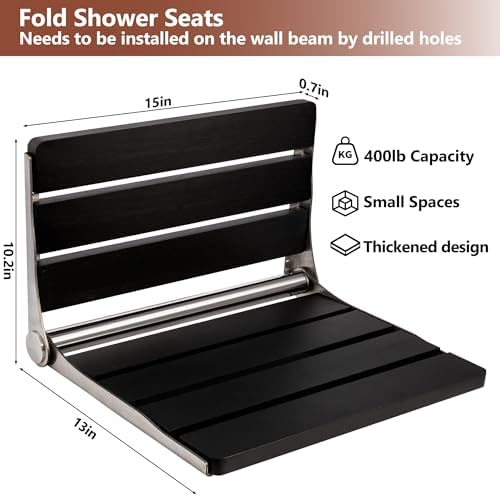 Folding Shower Seat Wall Mounted 400lbs Capacity, 16" x 13" Space Saving Fold Down Bench for Small Shower Spaces, Black