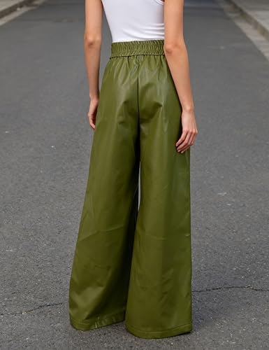 oshoplive Women's Faux Leather Pants PU High Waist Wide Leg Pants with Pockets Pleated Going Out Flare Trousers