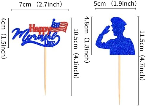 Ercadio 24 PCS Happy Memorial Day Cupcake Toppers Blue Glitter Military Soldier Theme Let's We not Forget Cupcake Picks for Memorial Day Men Birthday Party Cake Decorations Supplies Blue