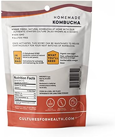 Cultures for Health Certified Organic Kombucha Starter SCOBY | Heirloom Culture for Unlimited Batches | Shelf-Stable Dehydrated Scoby for Fresh Activation | Brew Your Own Probiotic Tea | pH Test Strips Included