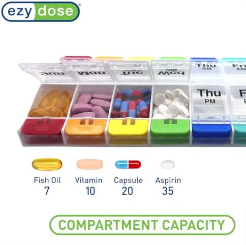 EZY DOSE Push Button (7-Day) Pill Case, Medicine Planner, Vitamin Organizer, 2 Times a Day, AM/PM Container, X-Large Compartments, Arthritis Friendly, Easy to Use, Clear Lids, Rainbow, BPA Free