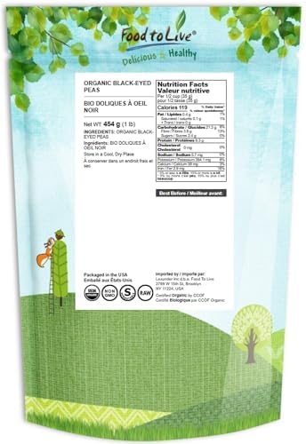 Food to Live Organic Black-Eyed Peas, 1 Pound – Raw Dried Cow Peas, Non-GMO, Bulk Beans, Product of the USA