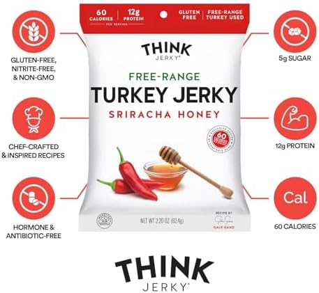 Think Jerky Beef and Turkey Jerky Variety Pack, Classic, Sweet Chipotle, Sriracha Honey, Sesame Teriyaki, Healthy Meat Snack, Low Calorie Low Fat - 1.0 oz Bags, 8 Pack, 2 of Each