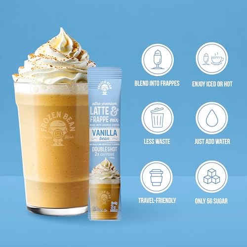 The Frozen Bean Vanilla Bean Frappe & Latte Instant Mix (10 Sticks), Made with Arabica Coffee, Double Shot Caffeine, Low Sugar & Premium Ingredients, Hot, Iced, or Blended Drinks