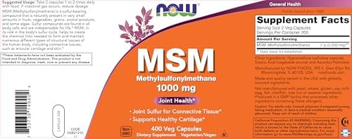 Now MSM 1000mg, 400 Veg Capsules (Pack of 2) Methyl-Sulphonyl-Methane, Made in USA, Sulfur Supplement, Non-GMO, Vegan/Vegetarian Friendly
