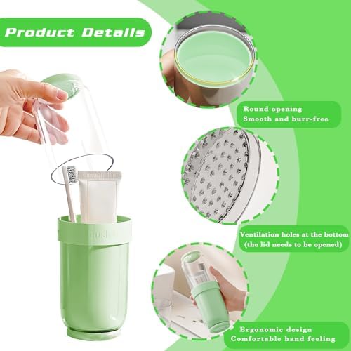 Toothbrush Travel Case 4 Cups Inside - Family Travel Toothbrush Holder with Cover and Vent Holes, Toothbrush Case with 5 Toothbrush Covers for Toothbrush Toothpaste (Green)
