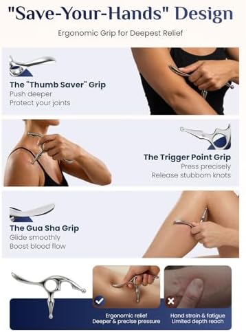 Rena Chris Trigger Point Massage Tool & Muscle Scraper Tool, Stainless Steel Body Gua Sha Tool for Deep Tissue Pain Relief & Fascia Release, with Travel Pouch & Guide (2-Piece Kit)