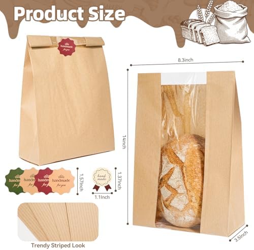 25 pcs Paper Bread Bags, Sourdough Bread Bags for Homemade Bread, Large Bakery Bags with Window for Packaging Baked Goods, Loaves, Label Seal sticker included