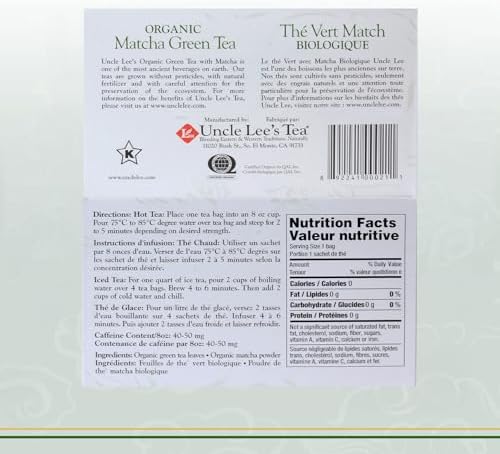 Uncle Lee's Organic Matcha Green Tea Bags, 40 Count – Antioxidant-Rich, Low Caffeine, Naturally Energizing Blend