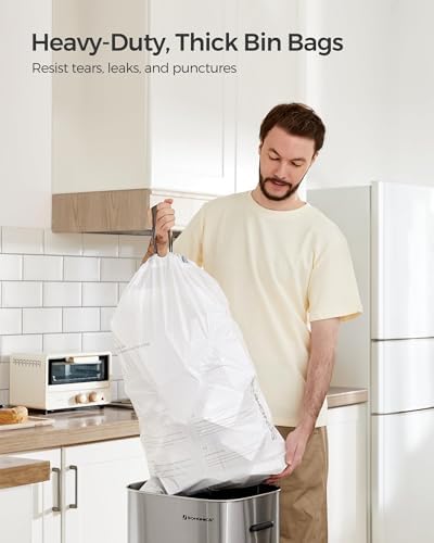 SONGMICS Trash Bags, Drawstring Kitchen Garbage Bags, Pre-Separated, Quick Tear, for 8-Gallon (30 L) Trash Cans, Liner Code 30A, 1 Roll, 45 Count, White UKRB30A