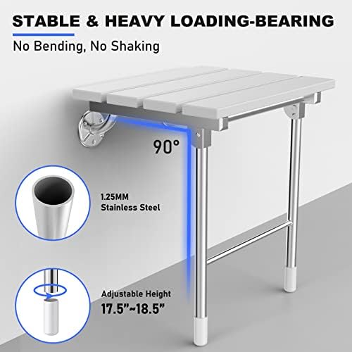 Folding Shower Seat, Wall Mounted Bathroom Safety Stool Chair with Support Legs, Foldable Wall Wood Shower Bench for Seniors (White)