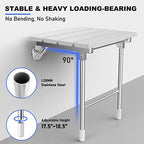 Folding Shower Seat, Wall Mounted Bathroom Safety Stool Chair with Support Legs, Foldable Wall Wood Shower Bench for Seniors (White)