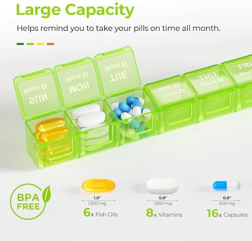 AUVON Moisture-Proof Monthly Pill Organizer, Large 28 Days Pill Box Case with Removable 4 Weeks Medication Organizer Rows, Travel-Friendly to Store Fish Oils, Vitamins, Supplements, Medications
