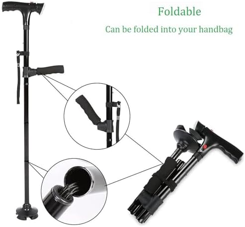 Folding Cane with Led Light, Adjustable Canes and Walking Sticks for Seniors, Walking Cane Stick for Men and Women with Cushion 2 T Handle and Pivoting Quad Base for Arthritis Disabled and Elderly