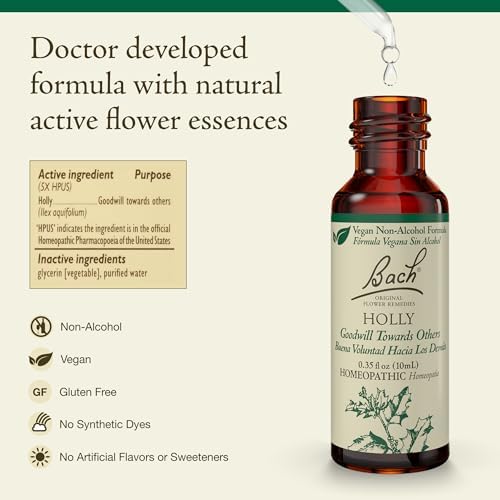 Bach Original Flower Remedies, Holly (Non-Alcohol Formula) - Goodwill Towards Others - Natural Homeopathic Flower Essence for Emotional Balance - Vegan, Gluten Free, Sugar Free - 10mL Dropper