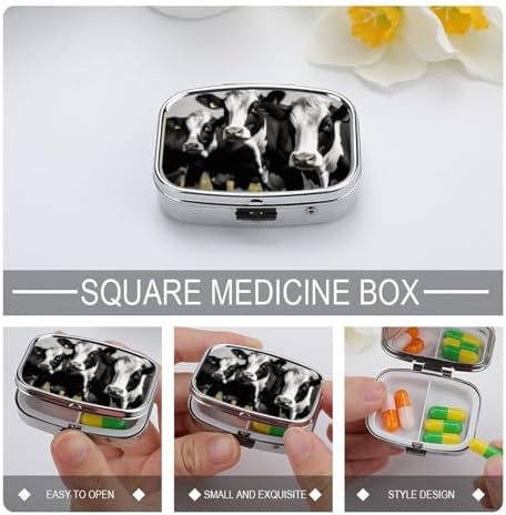 Square Pill Box Black White Cows Pill Case 2 Compartment Medicine Pill Organizer for Purse & Pocket Portable Travel Pillbox Medicine Vitamin Cod Liver Oil Storage Box Organizer