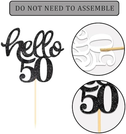 24 Pcs Black Glitter 50th Birthday Cupcake Toppers for 50th Birthday Celebrating Party Decorations