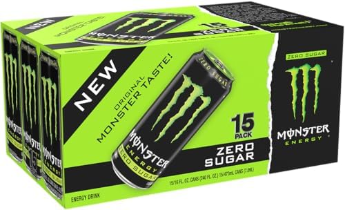 Monster Energy Zero Sugar, Green, Original, Low Calorie Energy Drink, 16 Ounce (Pack of 15), Can