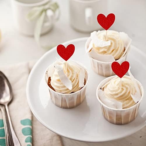 40 Pack Red Heart Cupcake Toppers Glitter Love Heart Valentine Cupcake Picks for Valentine's Day Theme Wedding Engagement Bridal Shower Birthday Party Cake Decorations Supplies