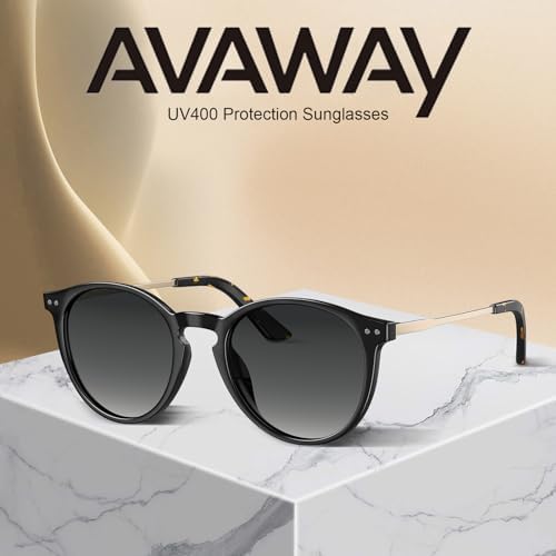 AVAWAY Round Polarized Sunglasses for Women Medium Face UV400 Protection Acetate Frame Metal Arm Category 3 Sun Glasses