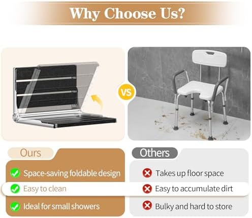 Folding Shower Seat Wall Mounted, 15" Folding Shower Bench for Elderly, Disabled, Pregnant, Foldable Shower Chair for Small Bathroom, 400 lbs Capacity, Space-Saving Design - Black