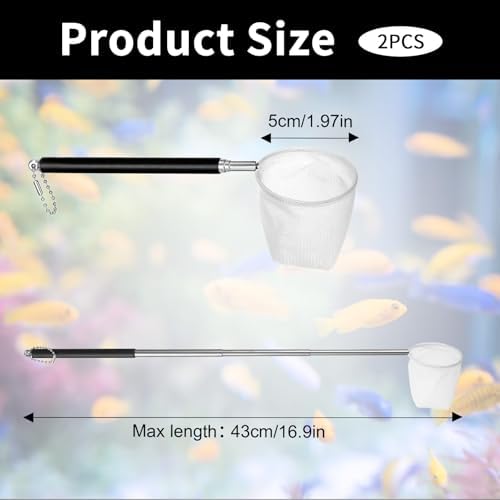 2 PCS Aquarium Shrimp Net, 2 Inch Small Fish Nets for Fish Tank with Long Extendable Stainless Steel Handle, Round Fine Mesh Net for Fishes Shrimp Tank Pond Creek Food Residue Debris Skimming Tool