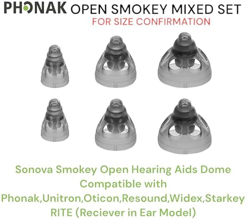 Mixed Phonak Open Smokey Dome Small-Medium-Large Domes, Genuine OEM Switzerland Replacement by Sonova, Hearing Aid Domes for SDS 3.0 Accessories -1 Pack/6 Domes Total