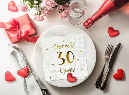 Cheers to 30 Years Cocktail Napkins | Happy 30th Birthday Decorations for Men and Women and Wedding Anniversary Party Decorations | 50-Pack 3-Ply Napkins | 5 x 5 inch folded (White)