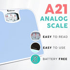Adamson A21 Analog Scales for Body Weight - Up to 300 LB - New - Anti-Skid Rubber Surface + Large Numbers - Analog Bathroom Scale - Affordable - Durable with 20-Year Assurance - Light Blue
