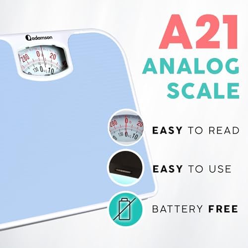 Adamson A21 Analog Scales for Body Weight - Up to 300 LB - New - Anti-Skid Rubber Surface + Large Numbers - Analog Bathroom Scale - Affordable - Durable with 20-Year Assurance - Light Blue