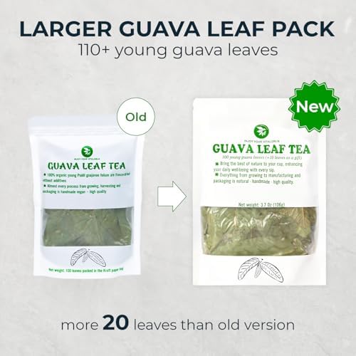 Young Guava Leaf Tea - 100+ Dried Whole Leaves (+up to 20 Leaves), 3.39 oz, Hojas de Guayaba, Caffeine Free, No Sugar Added, Vacuum Sealed, Pure & Handpicked, Herbal Tea for Relaxing, Makes 30+ Cups
