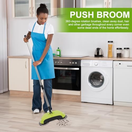 Manual Push Floor Sweeper Broom, Hand Push Sweeper with Enclosed Dustpan Bin, 3‑in‑1 360° Rotating Floor Cleaning Brush Mop Machine Adjustable Handle Vacuum‑Free for Tile Hardwood Carpet Green