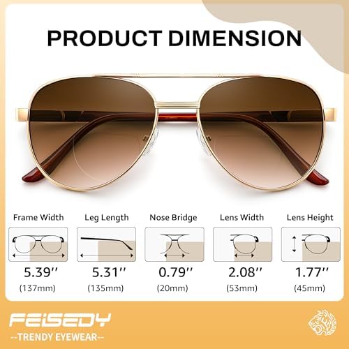FEISEDY Metal Bifocal Reader Sunglasses for Men, Aviator Sun Readers with UV Protection, Anti Glare Reading Sunglasses B0335
