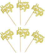 Ercadio 24Pcs Glitter Golden Happy Father's Day Cupcake Toppers with Moustache Gold Glitter Happy Father's Day Cupcake Picks for Dad Theme Party Decorations Father's Birthday Cupcake Decors