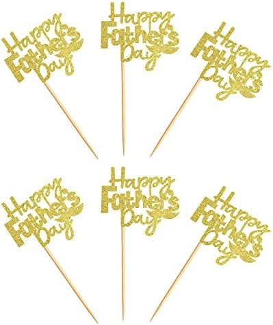 Ercadio 24Pcs Glitter Golden Happy Father's Day Cupcake Toppers with Moustache Gold Glitter Happy Father's Day Cupcake Picks for Dad Theme Party Decorations Father's Birthday Cupcake Decors