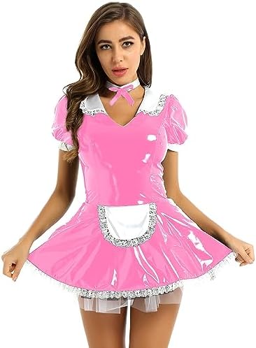 YiZYiF Sexy Lingerie for Women PVC Leather Lingerie Set Crop Top Mini Skirt French Maid Dress
