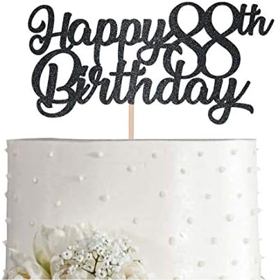 Black Happy 88th Birthday Cake Topper, Black Glitter Cheers To 88 Years Party Cakes Decorations, Supply