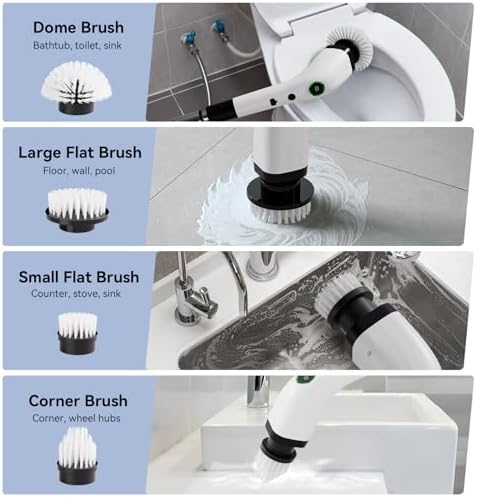 Electric Bathroom Cleaning Brush, Cordless Spin Scrubber Full Body Waterproof IPX7 with Adjustable Handle, 8 Replaceable Brush Heads for Bathtub/Kitchen/Window/Home -SD-CTB01
