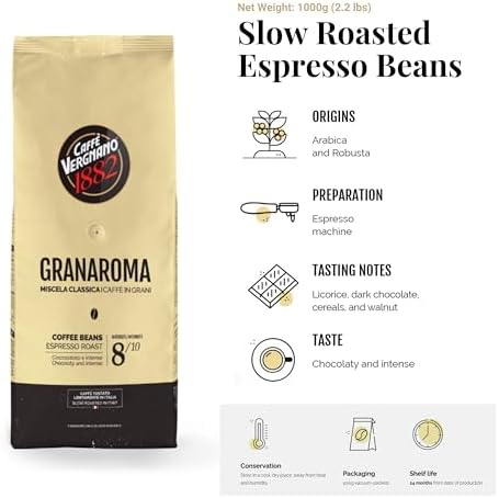 Caffe Vergnano Gran Aroma Whole Bean Coffee 2.2 lb Bag - Medium Roast Espresso Beans Whole, Cocoa Spice Dried Fruit Notes Italian Coffee - For Espresso Maker, Moka Pot, French Press, Coffee Maker