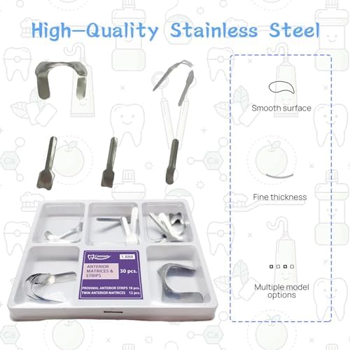 30 Piece Dental Anterior Matrix Kit with Proximal Strips and Twin Anterior Matrices - 0.035mm Thickness Soft Stainless Steel Bands Double-Side Sectional Contoured Design for Front Teeth Restorations