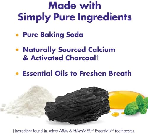 ARM & HAMMER Essentials Fluoride-Free Toothpaste, Whitening + Activated Charcoal Toothpaste, 4 Pack of 4.3oz Tubes, Clean Mint, 100% Natural Baking Soda