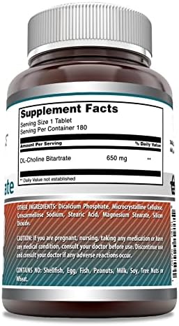 Amazing Formulas Choline Bitartrate Supplement | 650 Mg | 180 Tablets | Non-GMO | Gluten-Free | Made in USA