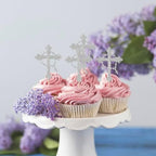 Rsstarxi 24 Pack Silver Cross Cupcake Toppers Glitter God Bless Christian Baptism Cupcake Picks for Baby Shower First Communion Party Cake Decorations Supplies