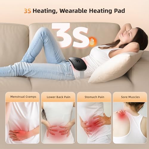 Portable Cordless Heating Pad Cramps: 6 Heat Levels and 6 Massage Modes,3S Fast Heating,Period Menstrual Electric Heating Pad,Gifts for Women 961S-Black