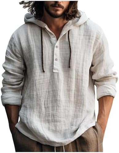 Mens Linen Shirts Quarter Button Down Long Sleeve Summer Hoodies Pullover Lightweight Casual Beach Shirts with Hood